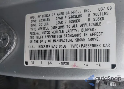 2010 Honda Accord 2.4 Ex-L из США, поврежденный, VIN 1HGCP2F81AA010468